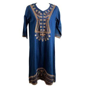 Vintage Women’s Denim‎ Embroidered Artsy Granola Folklore Maxi Dress Size 12
